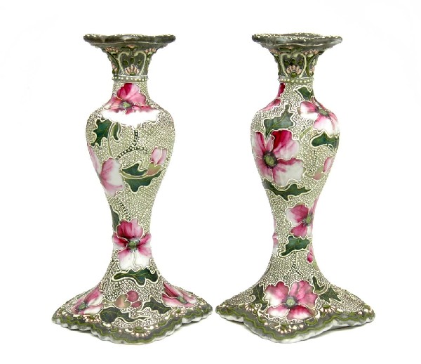 Pair of Nippon moriage candlesticks, green and pink: Pair of Nippon moriage candlesticks, green and pink floral design, unmarked, 9"high x 4 1/4" across, late 19th C.