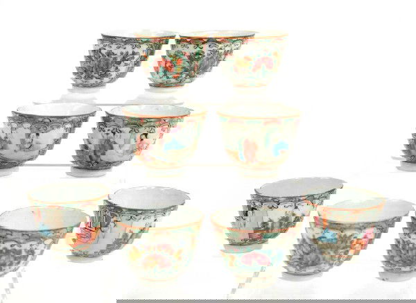 Set of eight Rose Medallion sake/tea cups,: Set of eight Rose Medallion sake/tea cups, with figural and bird design, unmarked, 2" high, late 19th C.