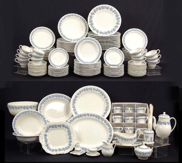 Set of Wedgwood dinnerware, marked "Embossed Queen: Set of Wedgwood dinnerware, marked "Embossed Queen's Ware of Etruria & Barlaston", including eleven 10 5/8" dinner plates, ten 10" plates, twelve 8 1/2" berry bowls, twenty-three 8 1/4" plates, twenty