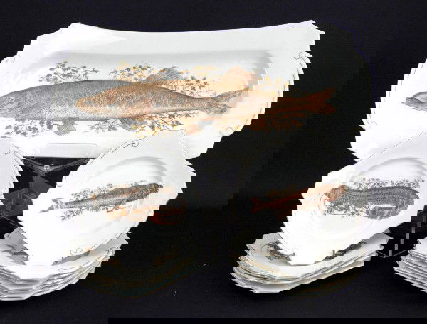 Geschutzt Frieda Vienna Austria porcelain fish set: Geschutzt Frieda Vienna Austria porcelain fish set, thirteen pieces, including twelve 8" plates, six depicting one type of fish, six depicting another type of fish, and one large 21 3/4" platter, impr