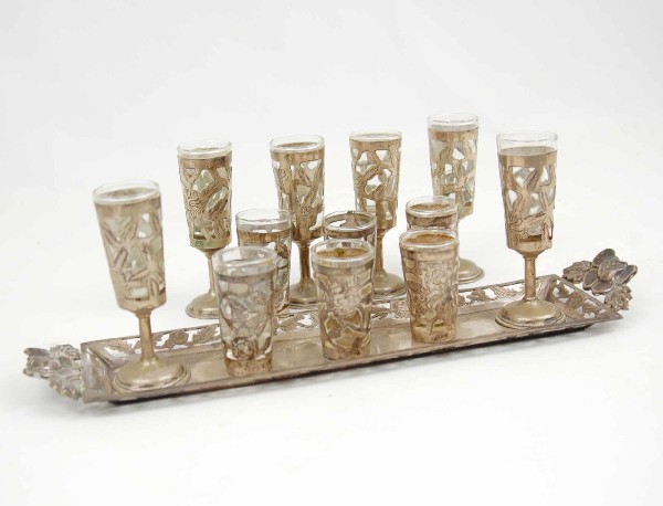 Mexican silver cordial set, stem cordials 3 7/8" h: Mexican silver cordial set, stem cordials 3 7/8" high, shot glasses 2 1/4" high, tray measures 12 1/2", tray and shot glasses are marked on bottom, C.1950