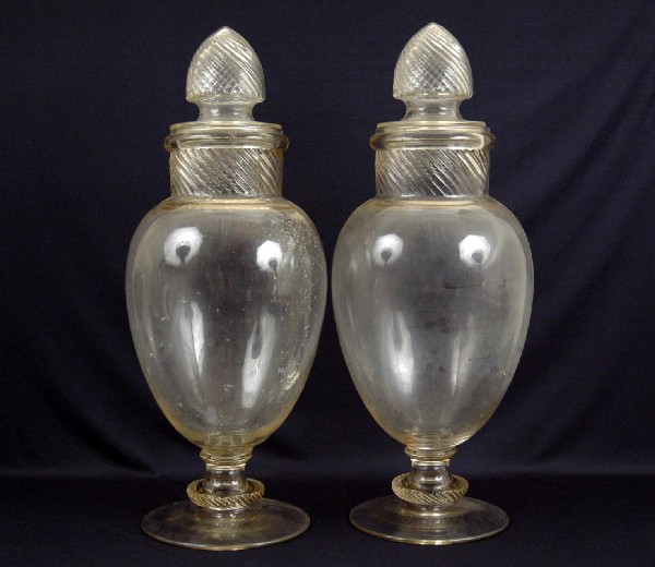 Pair of 30" glass store candy jars from Stutz Cand: Pair of 30" glass store candy jars from Stutz Candy Company, early to mid 20th C.