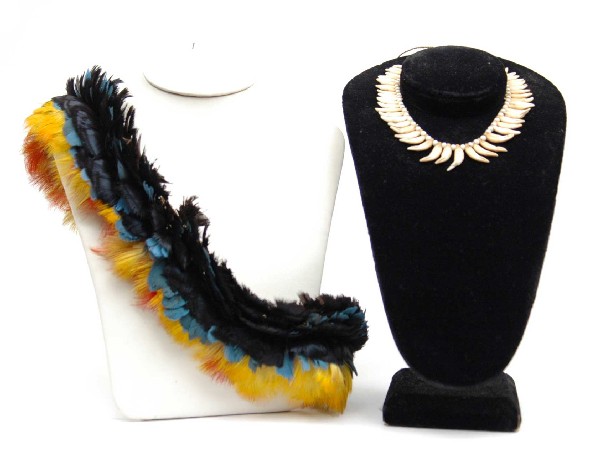 Two Native American necklaces, one with forty-seve: Two Native American necklaces, one with forty-seven animal claws separated by beads, 25" long, the second comprised of rope, and multicolored feathers, 25" long, late 19th to early 20th C.