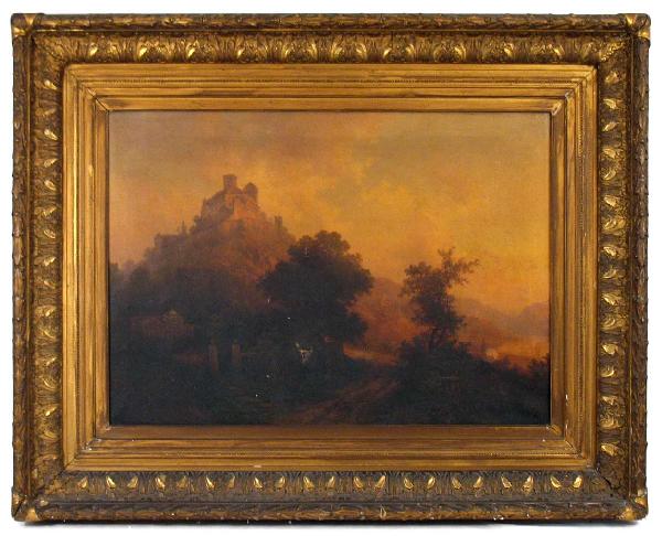 Continental School, oil on canvas, landscape with : Continental School, oil on canvas, landscape with castle, initialed C.W lower right, image size 24 1/2" high x 35" wide, frame size 37" x 47 1/2" wide