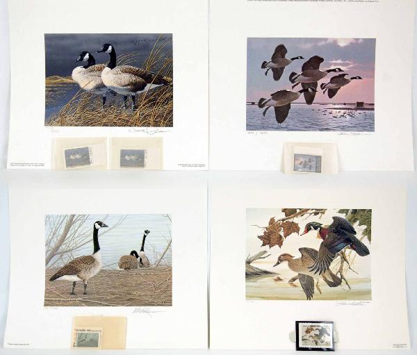Group of four Duck Stamps in original folders, Joh: Group of four Duck Stamps in original folders, John Ruthven, Neal R. Anderson, Robert Kusserow, Larry Barton, 1). The First Ohio Duck Stamp, stamp print #6932, 2). The First State Nebraska-1991, two s
