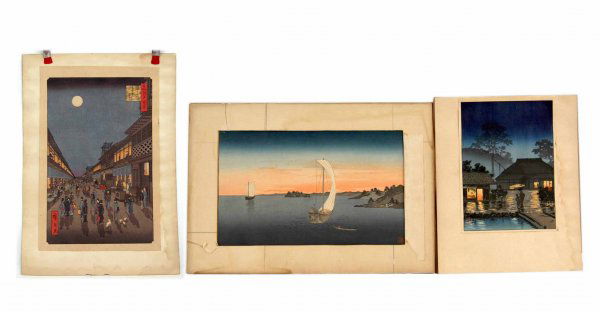 Three Japanese woodblock prints, 1). "Sail Boats",: Three Japanese woodblock prints, 1). "Sail Boats", 2). A Market Street at Night with People, 3). "Spring Rain"-artist is Shinsei, #1. signed lower right, #2 signed upper right and lower left, #3. sign