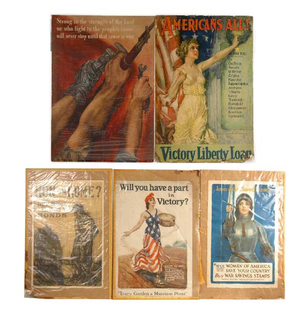 Group of five World War I and II posters, Howard C: Group of five World War I and II posters, Howard Chandler Christy, Haskell Coffin, Raleina, James Montgomery Flagg, 1). "Victory Liberty Loan", 2). "Strong in the Strength of the Lord"(no signature), 