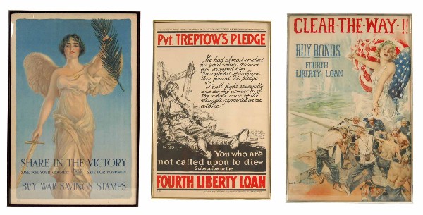Three World War I posters, C. Leroy Baldridge, Has: Three World War I posters, C. Leroy Baldridge, Haskell Coffin, Howard Chandler Christy, 1). "Privet Treptow's Pledge", 2). "Share in the Victory- Buy War Savings Stamps", 3). "Clear the Way"- Buy Bond