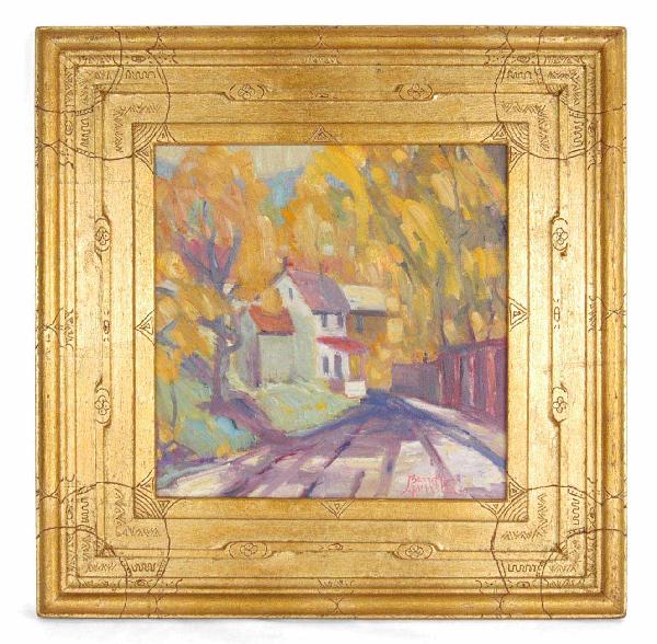 Joseph Barrett, oil on canvas, "Autumn Road to Cen: Joseph Barrett, oil on canvas, "Autumn Road to Center Bridge", signed lower right, New Hope PA artist, image size 12" high x 12" across, frame(signed) size 19 1/2" high x 19" across, artist's code and