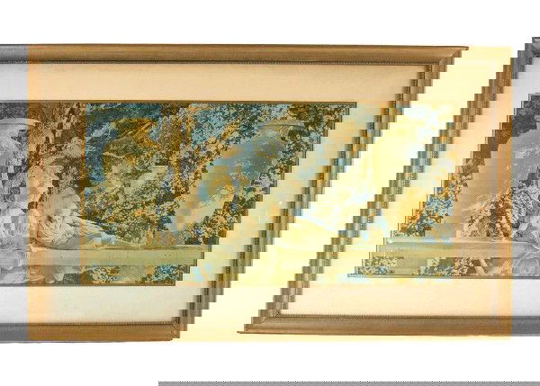 Maxfield Parrish, print on paper, "The Garden of A: Maxfield Parrish, print on paper, "The Garden of Allah" in original frame, initialed on plate M.P., 19th-20th C. American, image size 14" high x 29 1/2" across, frame size 23 1/4" high x 39 1/2" acros