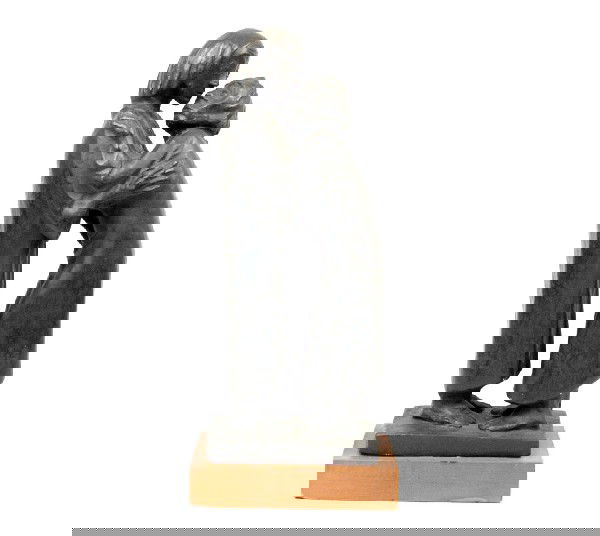 E. (Ernst) Barlach, sculpture- plaster with black: E. (Ernst) Barlach, sculpture- plaster with black brown glaze, figures of man and woman, sculpture is attached to a wooden base, signed left side on base, size 20 1/2" high x 9" across