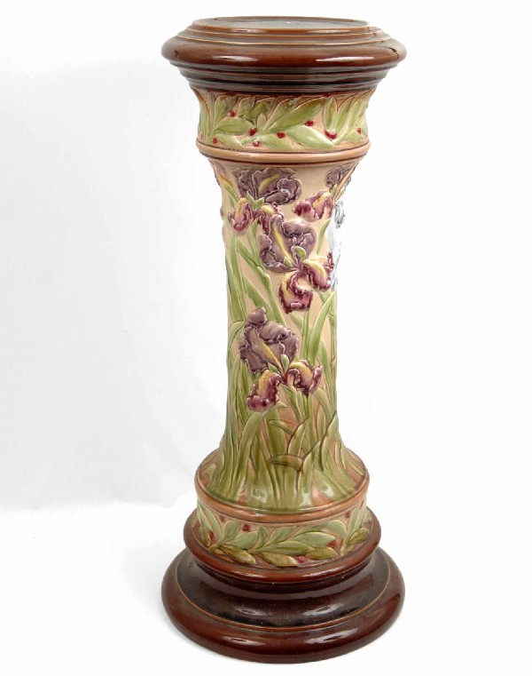 Sarreguemines pottery pedestal, iris and foliate d: Sarreguemines pottery pedestal, iris and foliate design on pedestal with berry and leaf banding above and below, impressed Sarreguemines inside and numbered 35222H, 33 3/4" high x 15" diameter, C. 186