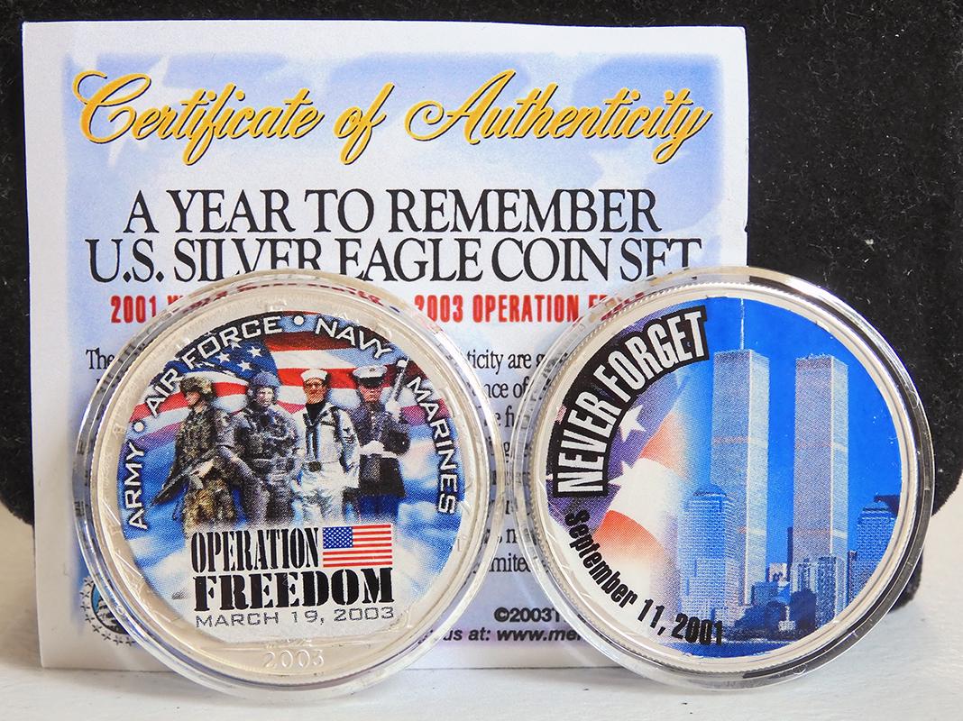 A Year To Remember U.S. Silver Eagle Coin Set: A Year To Remember U.S. Silver Eagle Coin Set. 2001 World Trade Center - 2003 Operation Freedom. Colorized .999 fine silver Eagles
