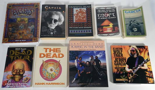 Eight Grateful Dead Related Paperback Books: Group of eight assorted Grateful Dead related paperback books, 1972-2014 first editions, lot includes 2002 Guernsey's Jerry Garcia auction catalog