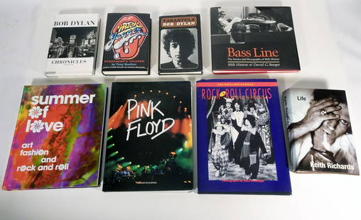 Eight Rock and Roll Related Hardback Books: Group of eight assorted Rock and Roll related hardback books, 1974-2017 first editions with six having original dust jacket covers, Pink Floyd comes with poster, Summer of Love does not come with a