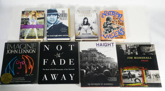 Eight Rock and Roll Related Hardback Books: Group of eight assorted Rock and Roll related hardback books, 1992- 2018 first editions with original dust jacket covers, Imagine is still sealed