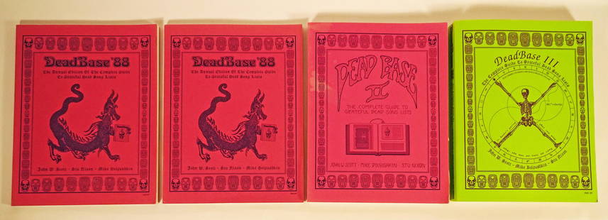 Four Grateful Dead, Dead Base Guide Books: Group of four The Grateful Dead, Dead Base complete guide song list books, Dead Base 88 (numbered 78), Dead Base 88 (numbered 80), Dead Base II (numbered 248) and Dead Base III (numbered 61), included