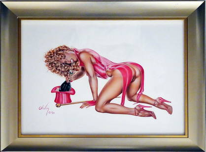 Olivia de Berardinis Gouache on Paper: Olivia de Berardinis gouache on paper, signed Olivia 1980, depicts a female on all fours with a Champagne bottle and Top Hat, 19 1/2" (height) x 24 1/4" (length) sight, 25 1/2" (height) x 30 1/2" 