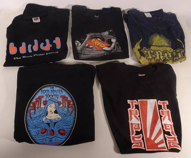 The Rock Poster Society T-Shirt Grouping: Five piece The Rock Poster Society t-shirt grouping, late 1990's-early 2000's, one size L and four size XL