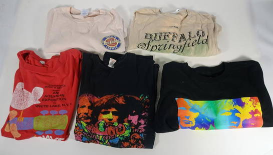 1990's & 2000's Concert Shirts Grouping: Five piece 1990's and 2000's concert style t-shirt group, 1990's Buffalo Springfield size 2XL, 1990's Woodstock size 2XL, 1990's Los Lobos Quality Service size 2XL 2005 Cream Royal Albert Hall, size