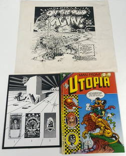 Rick Griffin Catalog, Comic Book and Poster: Rick Griffin catalog, comic book and poster grouping, 1970's California Graphics Exchange poster catalog, Man From Utopia Special Blackjack Edition comic book with half-tone and offset lithograph