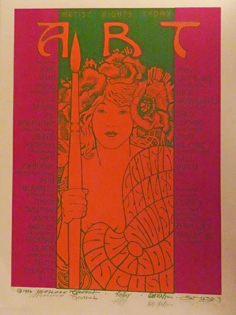 Artist's Rights Today Benefit Concert Poster: Artist's Rights Today benefit concert poster, August 20, 1986, Club 9, San Francisco, CA., multiple acts including Jesse Colin Young and The Youngbloods, original printing, Victor Moscoso, Rick Griffi