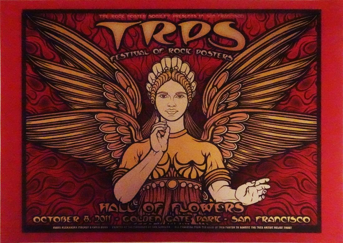 TRPS Artist Relief Fund Poster: The Rock Poster Society TRPS Festival of Rock Posters relief fund poster, October 8, 2011, Hall of Flowers, Golden Gate Park, San Francisco, CA., original printing, Chris Shaw and Alexandra Fischer ar