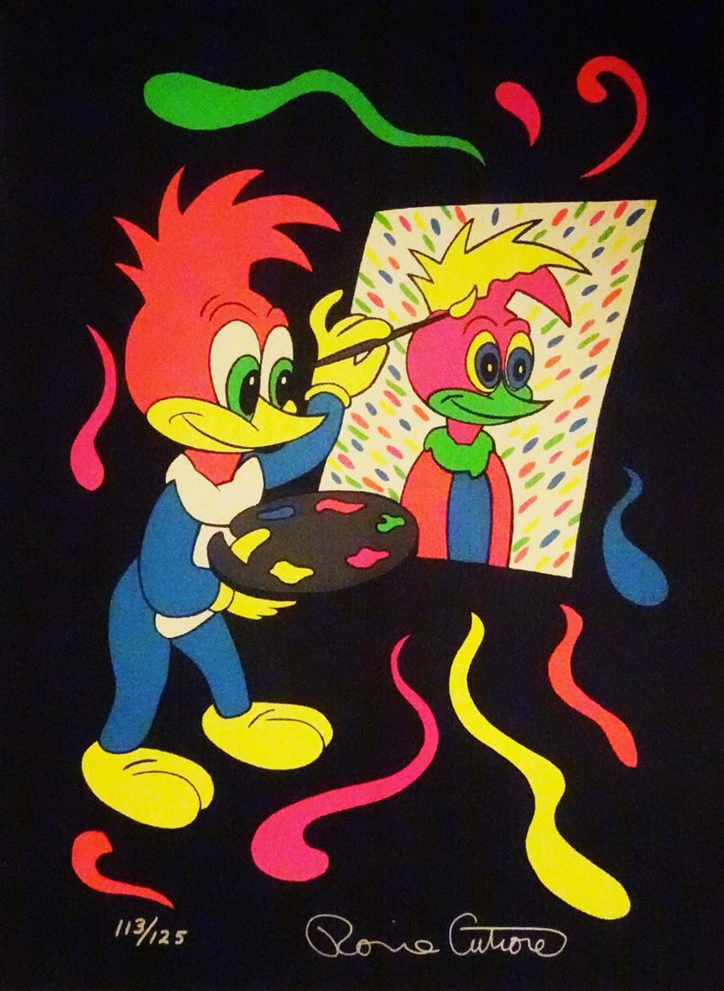 Woody Woodpecker Serigraph: Woody Woodpecker serigraph titled "Putting Your Face On", 1989, original printing, Ronnie Cutrone artist signed and numbered 113/125 limited edition serigraph print on black paper, 40" (height) x 30"