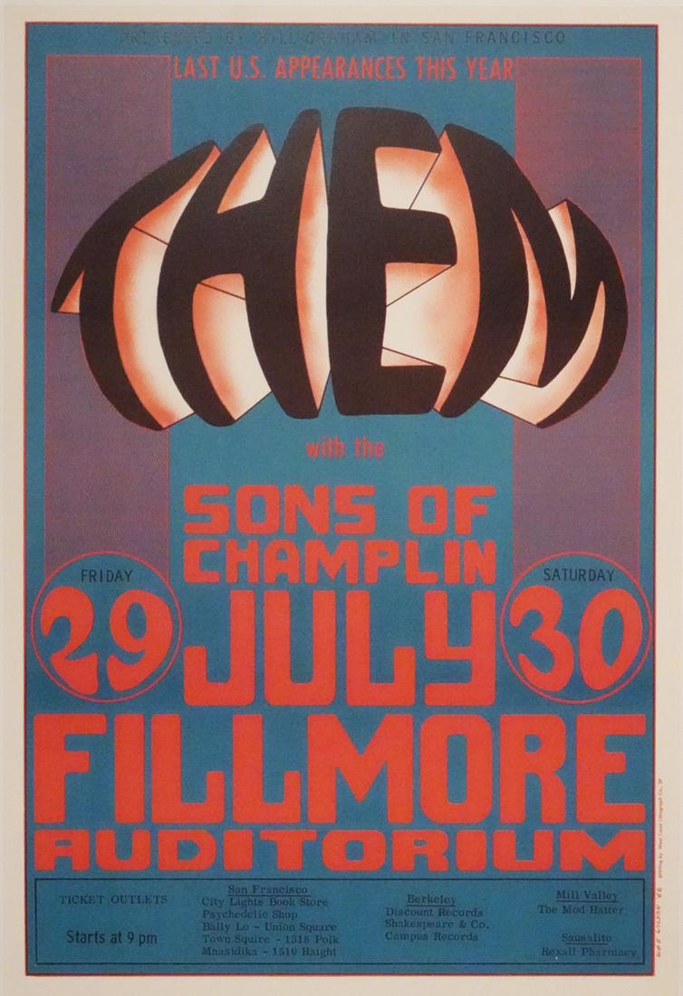 Them/Sons of Champlin Concert Poster: Them/Sons of Champlin concert poster, Bill Graham Presents BG-20, July 29-30, 1966, Fillmore Auditorium, San Francisco, CA., second printing denoted by the omission of the Union logo and size, Wes Wil