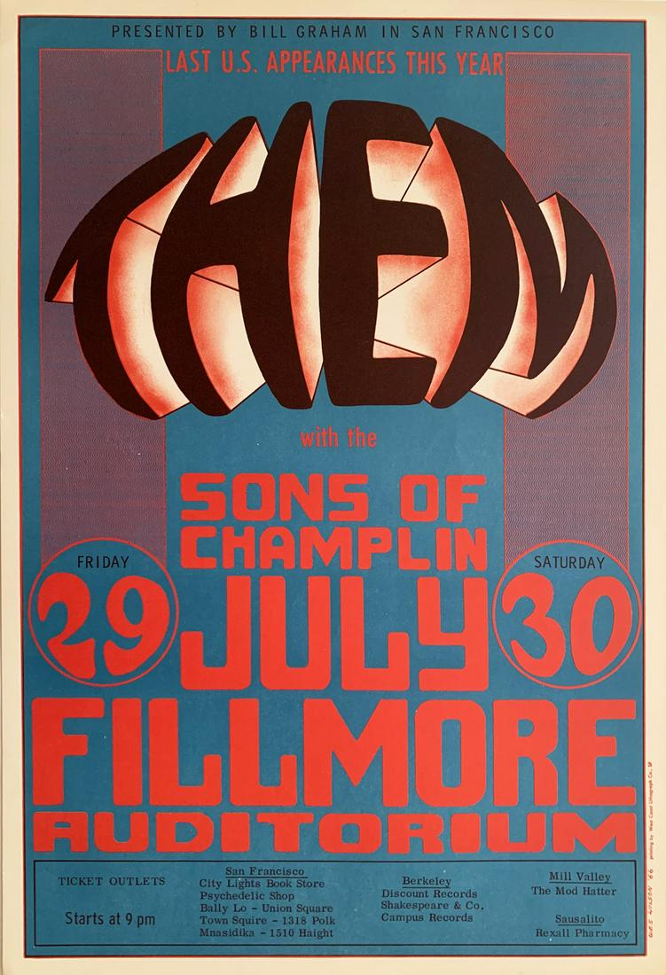 Them Concert Poster: Them concert poster, Bill Graham Presents BG-20, Them and Sons of Champlin, July 29-30, 1966, Fillmore Auditorium, San Francisco, CA., second printing with the omission of the Union logo, Wes Wilson a
