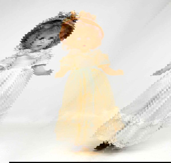 Mme. Alexander Wendy face doll, unmarked, all orig: Mme. Alexander Wendy face doll, unmarked, all original, dress has a few tears and one stain, 14", C. 1940's or 1950's