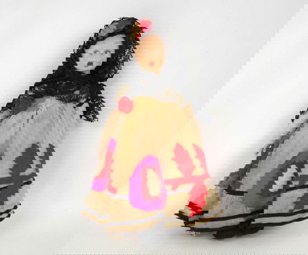 Lenci doll, cloth tag and round foil tag sewn to s: Lenci doll, cloth tag and round foil tag sewn to skirt, 8 1/2", clothing all original, some stains to panatloons