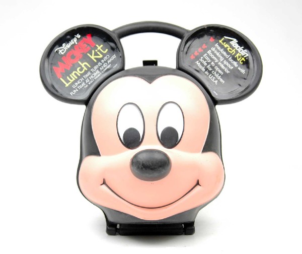 Aladdin Mickey Mouse Lunch Kit with thermos bottle: Aladdin Mickey Mouse Lunch Kit with thermos bottle, original stickers on ears and paper in thermos bottle, C. 1980's