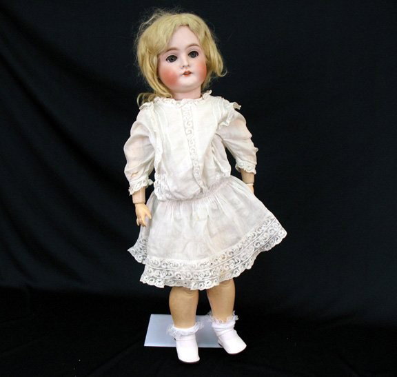 Bisque head A. M. Queen Louise doll, 24", original: Bisque head A. M. Queen Louise doll, 24", original dress, blonde mohair wig, blue sleep eyes, open mouth with teeth, compo body with jointed arms and legs