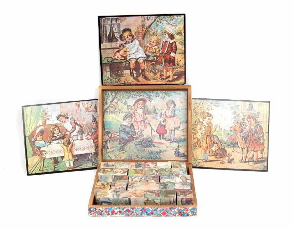 Set of wooden picture puzzle blocks in wooden box : Set of wooden picture puzzle blocks in wooden box with hinged lid, no maker's mark