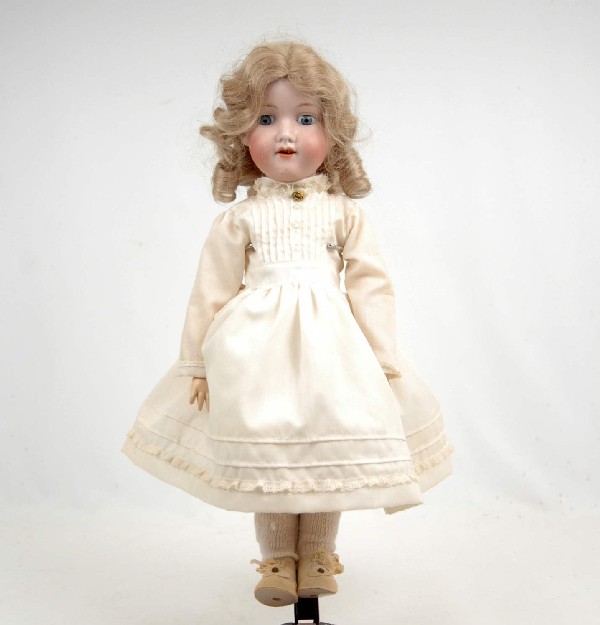 Armand Marseille bisque head doll, blue open eyes,: Armand Marseille bisque head doll, blue open eyes, open mouth with teeth, blonde wig, marked on back of head "Armand Marseille, Germany, 390, A. 4 M."