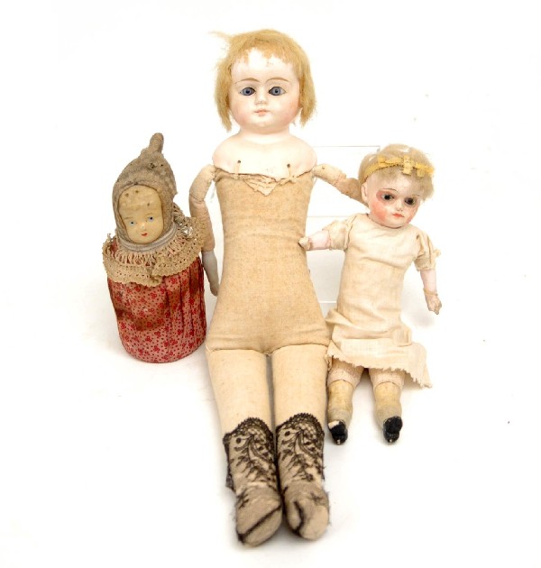 Early cloth covered 6" celluloid rattle, 10" papie: Early cloth covered 6" celluloid rattle, 10" papier mache doll and 17" papier mache head doll, both with cloth bodies