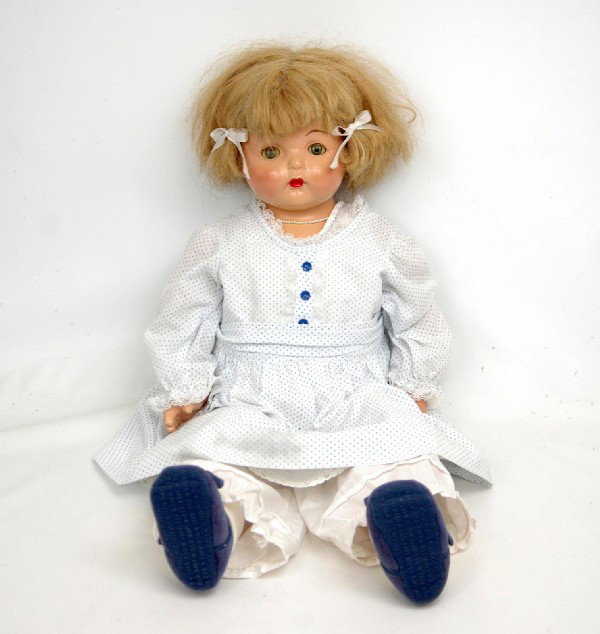 Effanbee compo doll, blonde wig, sleep eyes, cloth: Effanbee compo doll, blonde wig, sleep eyes, cloth body, 27", clothing replaced
