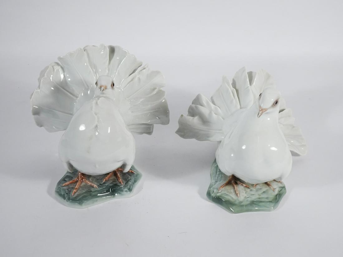 Pair of Rosenthal Porcelain Pigeon Figurine: Pair of Rosenthal porcelain Pigeon figurines, #1589 Feathers Up and #1590 Feathers Down, circa 1957, impressed artist signature F. (Fritz) Heidenreich on right side of base, 6" (height) x 6" (length)