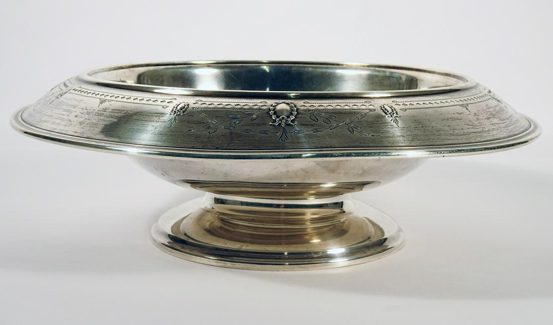 A.M. Soffel Co. Sterling Silver Bowl: A.M. Soffel Co. Sterling silver pedestal center bowl, border with pierced openwork, relief wreaths and chaised floral designs, signed on base with "S in wreath" A.M. Soffel mark, the number 286 and th