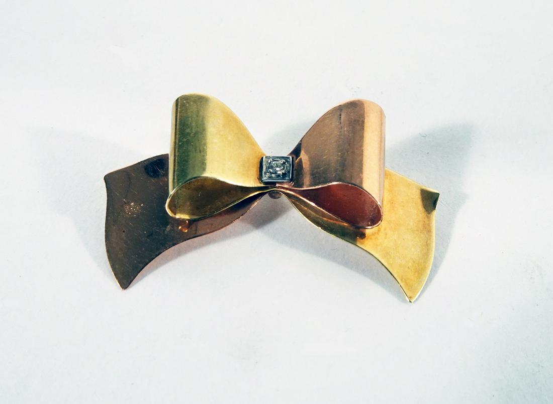 Yellow Gold Bow Pin w/Diamond (1 of 2)
