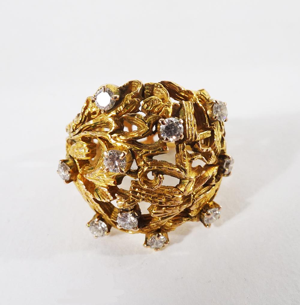 Yellow Gold Wide Textured Ring with Diamonds (1 of 3)