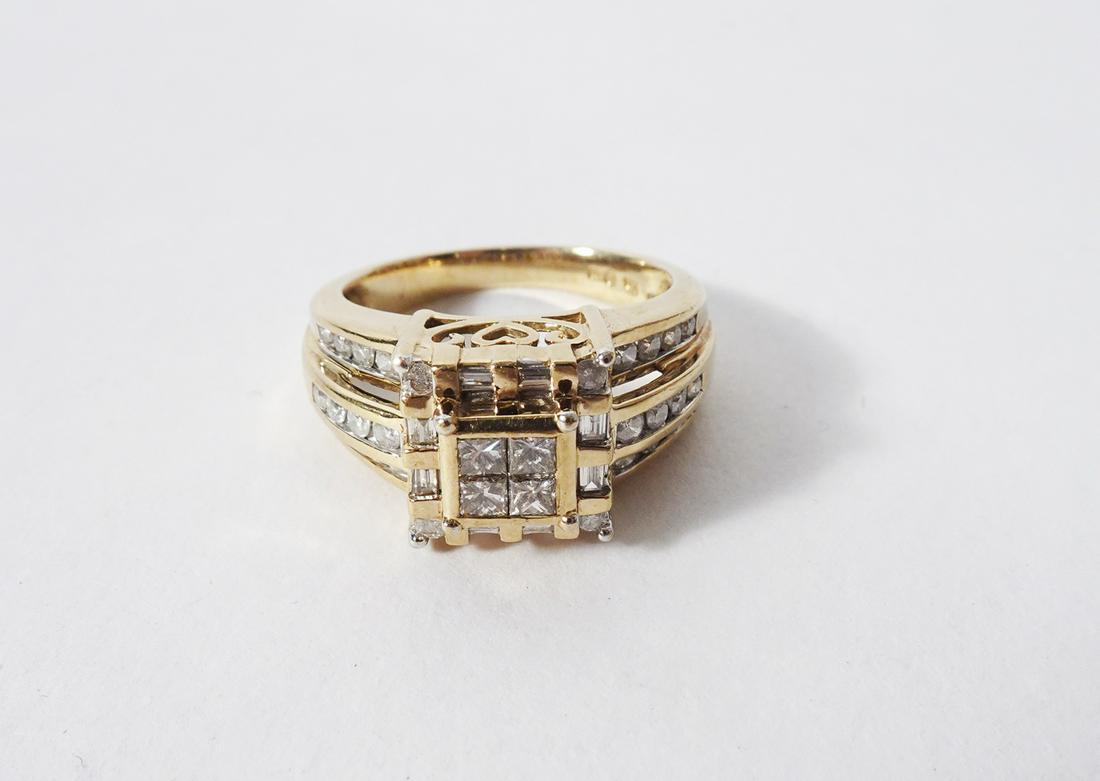 Diamond and Yellow Gold Ring: Diamond and yellow gold ring, round and Princess cut diamonds, 1/2 ct. TW, stamped:10K, 4.9 grams, finger size 6 1/2