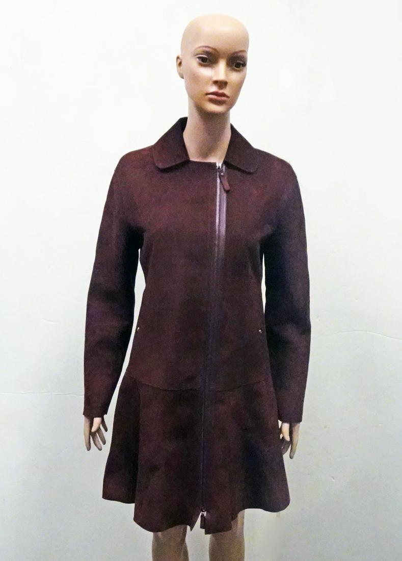 Longchamp Ladies Rust Suede Car Coat: Longchamp Ladies Rust Suede Car Coat two pockets and collar. Front center zipper. dark burgundy rust color. neoprene lined, Longchamp tag/no size, 35" length back/ 22" sleeve