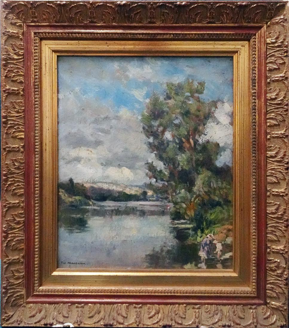 (Pierre-Felix) Fix-Masseau oil on board: (Pierre-Felix) Fix-Masseau oil on board, landscape "Les Perelles" by the Seine, signed lower left, sight size 11" x 9", frame size 15" x 13", date 1925 and title hand written on verso