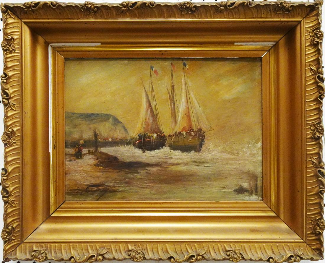 Dutch School oil on canvas: Dutch School oil on canvas, coastal scene with two sailing ships flying Dutch flags, signed lower left (illegible), sight size 10" x 13", frame size 15 1/2" x 18 1/2"