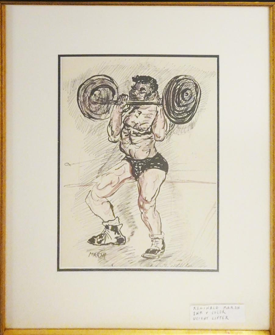 Reginald Marsh ink and wash on paper: Reginald Marsh ink and wash on paper, weight lifter, signed lower left, sight size 11" x 8 1/2", frame size 19" x 16"