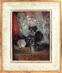 Arthur Meltzer oil on masonite board: Arthur Meltzer oil on masonite board, still life "Old Bicycle Lamp", signed center bottom, title and date of damas coating (varnish) on verso, provenance: from the Estate of Davis Meltzer, sight size