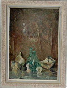 Arthur Meltzer oil on canvas: Arthur Meltzer oil on canvas, still life "Shells and Antique Velvet", signed lower right, title on verso, provenance: from the Estate of Davis Meltzer, sight size 32" x 22", frame size 39 1/2" x 30"