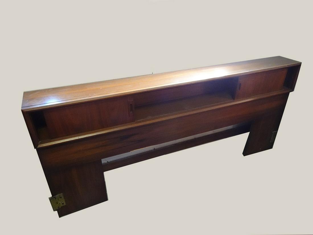 Mid Century Modern Van Sciver Teak Headboard: Mid century modern Van Sciver teak headboard with storage compartments, king size, circa 1960's, Van Sciver metal tag label on verso,35" (height) x 80" (length) x 9" (width)